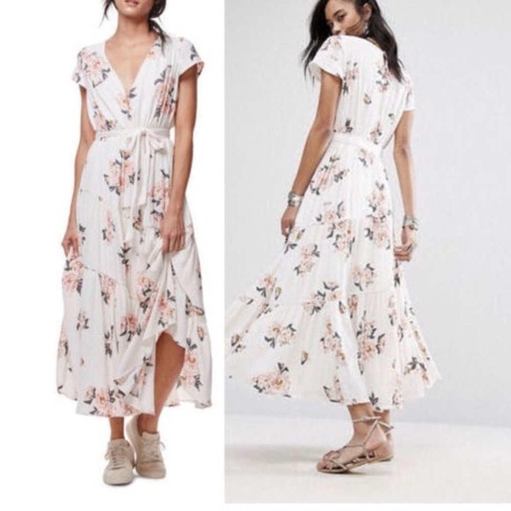 Free People White Maxi Dress with Peach Floral Print